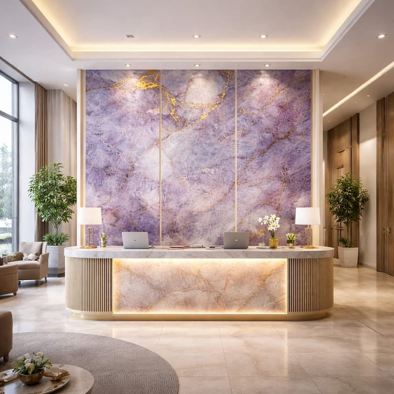 Camera da letto con testiera a parete effetto pietra grigio seta